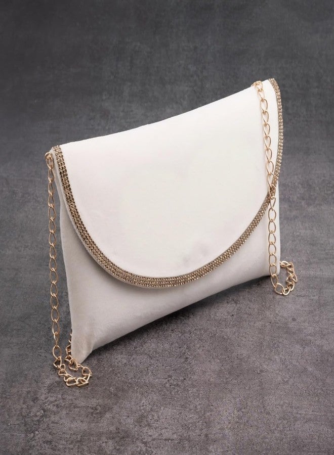 AVIRATH ENTERPRISE White Velvet Envelope Clutch Purse with Rhinestone Trim and Chain Strap, Crossbody Evening Bag for Women - Image 3